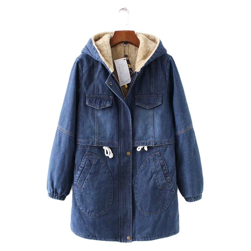 Nouveau aux femmes Jean Veste L'hiver Mode Chaud Épaissir Plus Velours Coton Parkas Manteau Lâche Encapuchonné Longue Hauts Manteau Vêtements d'extérieur Femelle