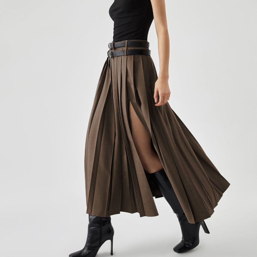 Jupe longue plissée noire à fente latérale pour femme, taille haute, sexy, été automne, Saia Feminina