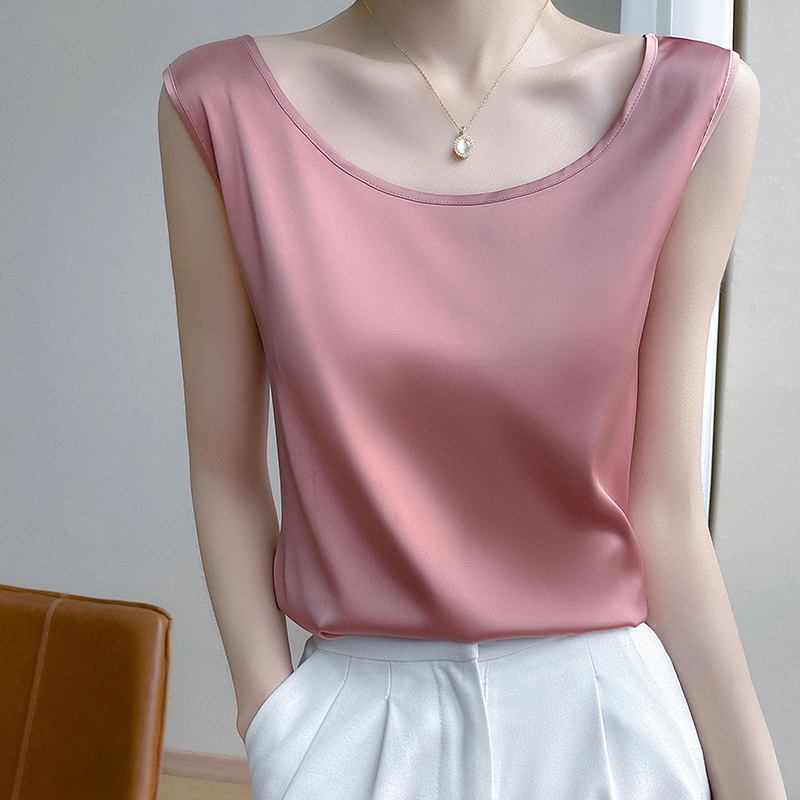 Été soie Camis femmes t-shirts sans manches gilet Satin débardeurs bureau élégant mode O cou Champagne BlouseTop femmes