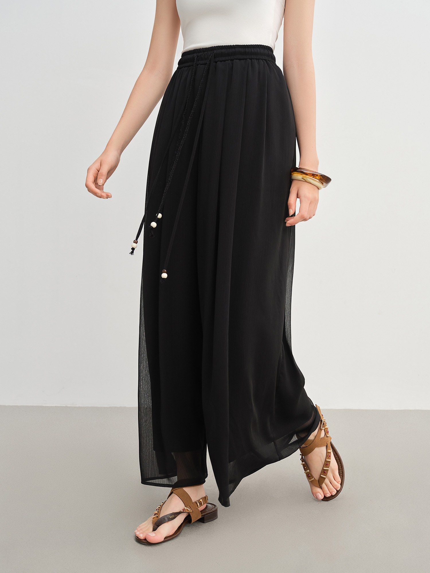 DUSHU femmes pantalons noirs femmes été pantalon ample à jambes larges 2025 nouveau Style jupe pantalon taille élastique pantalon mince 25DS82968