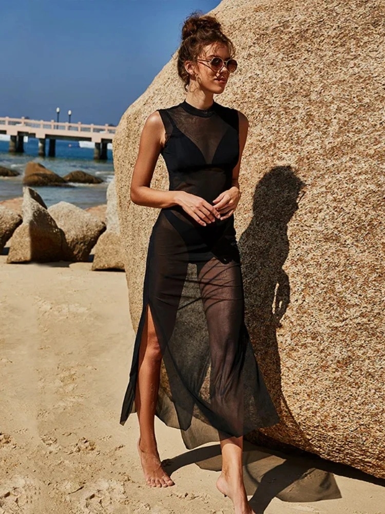 Robes longues en maille transparente pour femmes, vêtements de plage, cache-maillots, noir uni, Vestidos De Mujer, robe en gaze une pièce, robe femme été