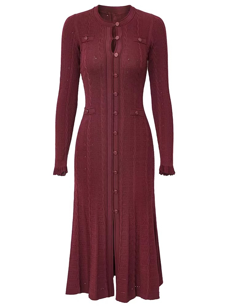 Robe tricotée française pour femmes, automne hiver, manches longues, moulante, Vintage, manches longues, simple boutonnage, ajourée, longue Robe