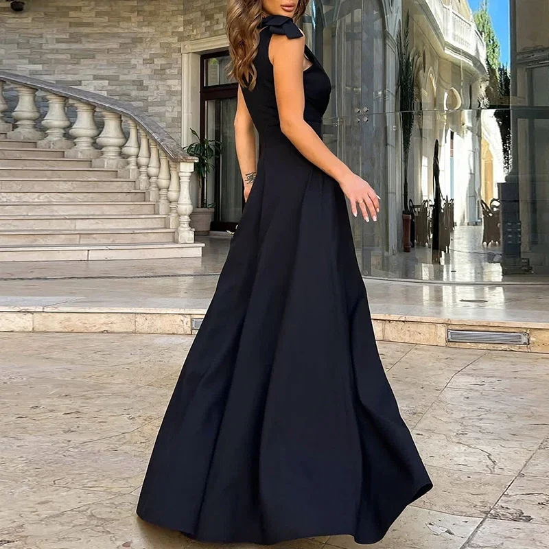 Robe de soirée élégante pour femme, drapée, à grand ourlet, mode estivale, col en V, fente haute, nouvelle collection 2025, sans manches, longue, pour soirée