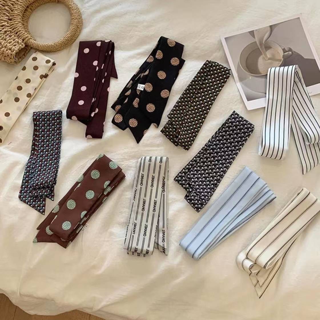 Écharpe imprimée à pois et rayures de style coréen, ruban long et fin pour cheveux et sac, foulard élégant et polyvalent