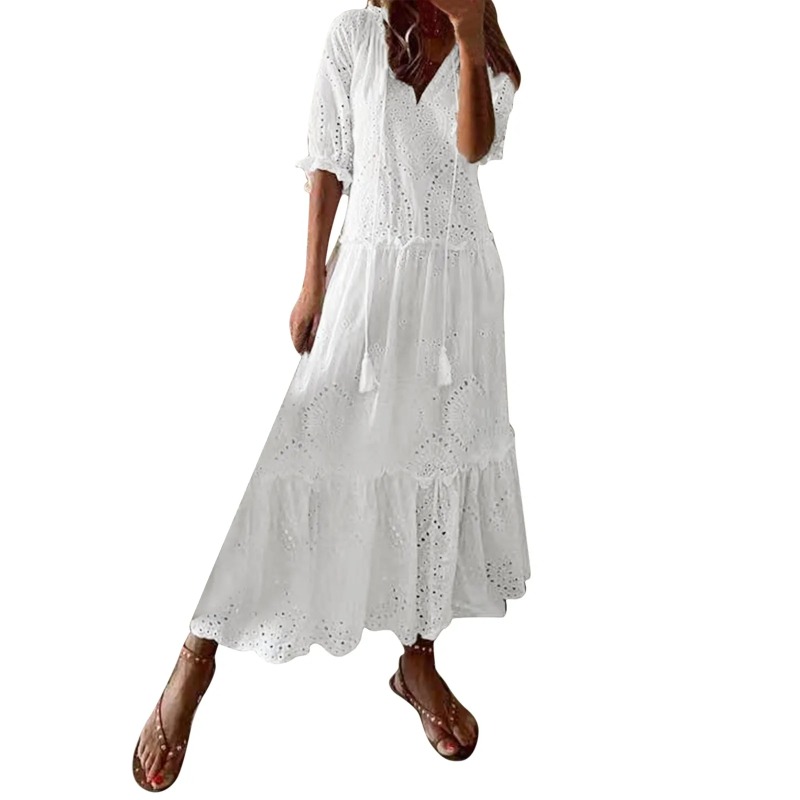 Robe d'été en coton blanc pour femmes, décontractée, creuse, Crochet, bohème, ample, plage, longue, grande taille, robe de vacances à volants