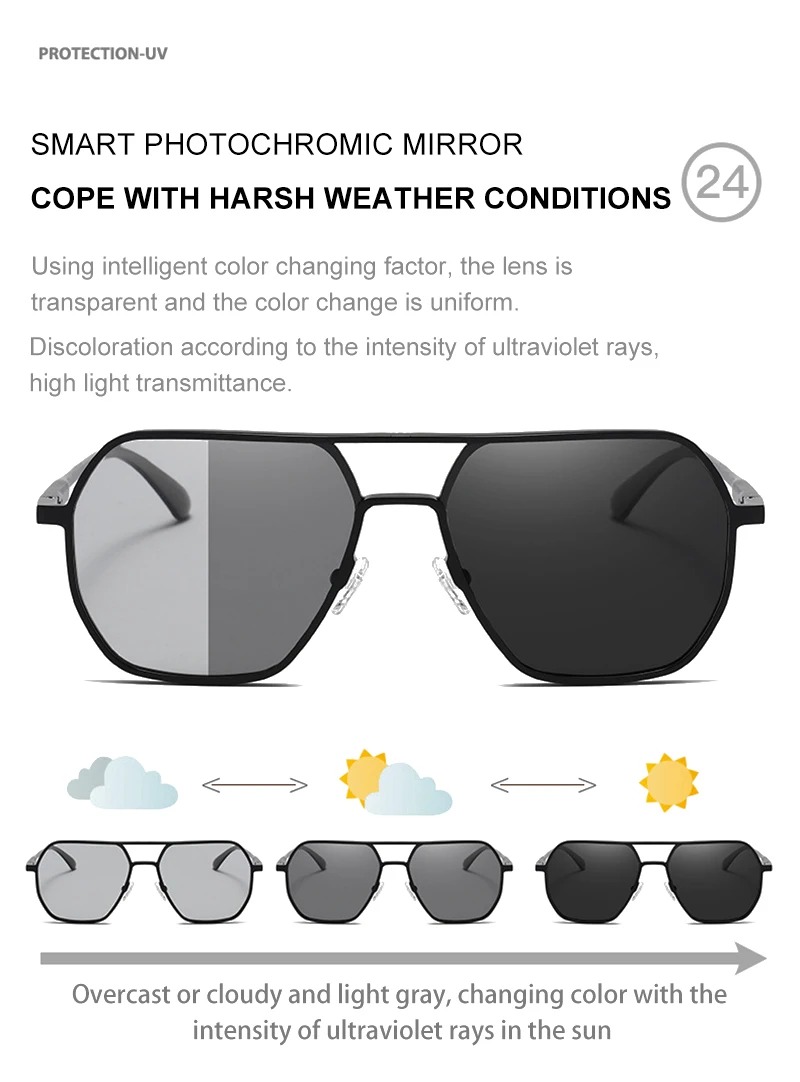Lunettes de soleil photochromiques en métal pour hommes et femmes, lunettes de soleil polarisées tendance, anti-éblouissement, UV400, pour la conduite