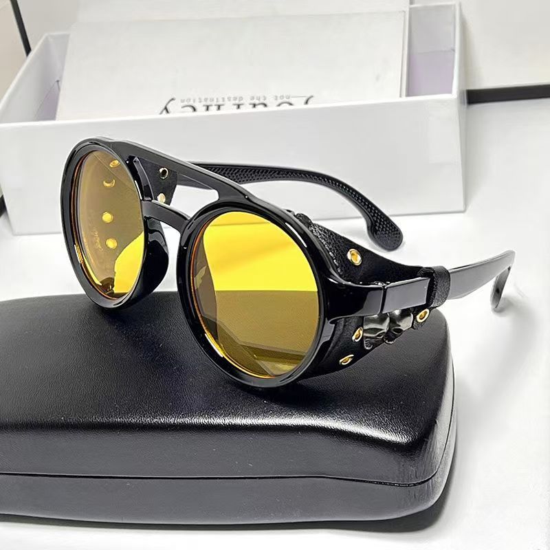 Lunettes de soleil steampunk pour voyages d'été, hommes et femmes, lunettes de soleil classiques avec monture ronde en cuir latéral, verres punk UV400