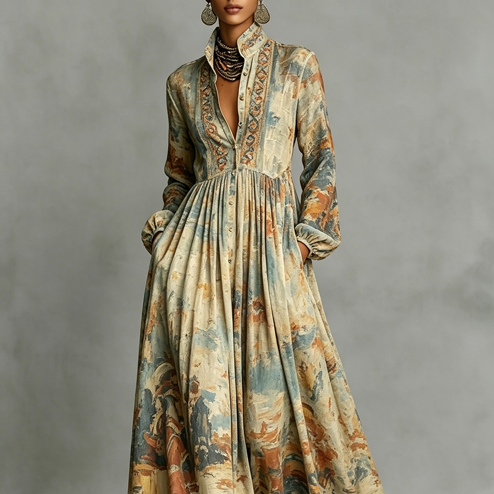 Robe longue vintage bohème pour femme à manches longues, imprimé artistique, boutonnée, taille haute, décontractée, élégante, pour soirée, tenue chic