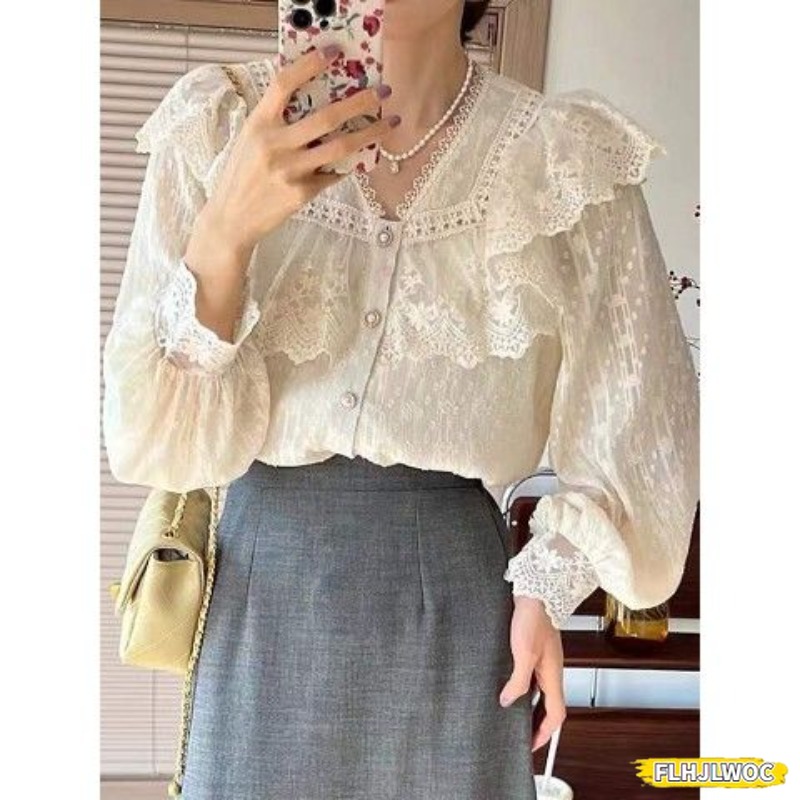 2024 printemps automne chemises de base Blouses femmes mode à manches longues élégant bureau dame travail solide blanc à volants Chic hauts Blusas