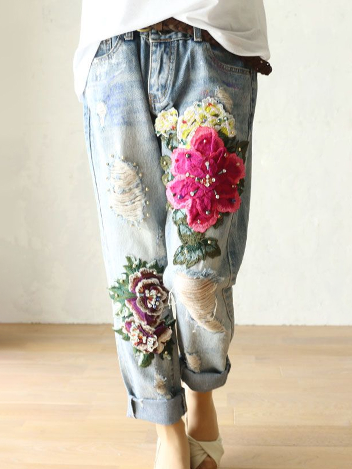 Jeans tendance 2026 pour femmes, pantalon en denim décontracté d'été avec broderie florale, élégant, nouveau, coupe ample, style harem pour femmes