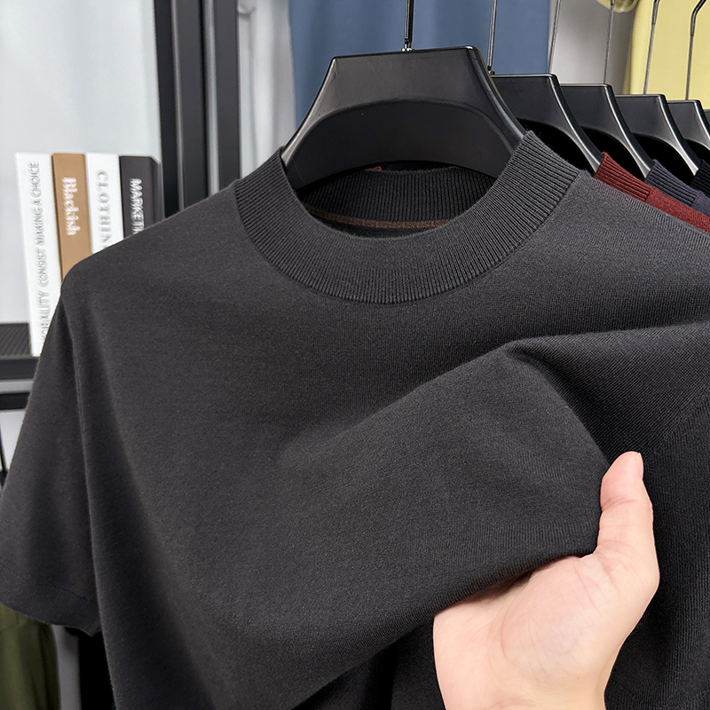 Soie laine hommes Tops basiques Sprig automne décontracté col montant mince tricot t-shirt à manches courtes tricots pull laine chemises minces