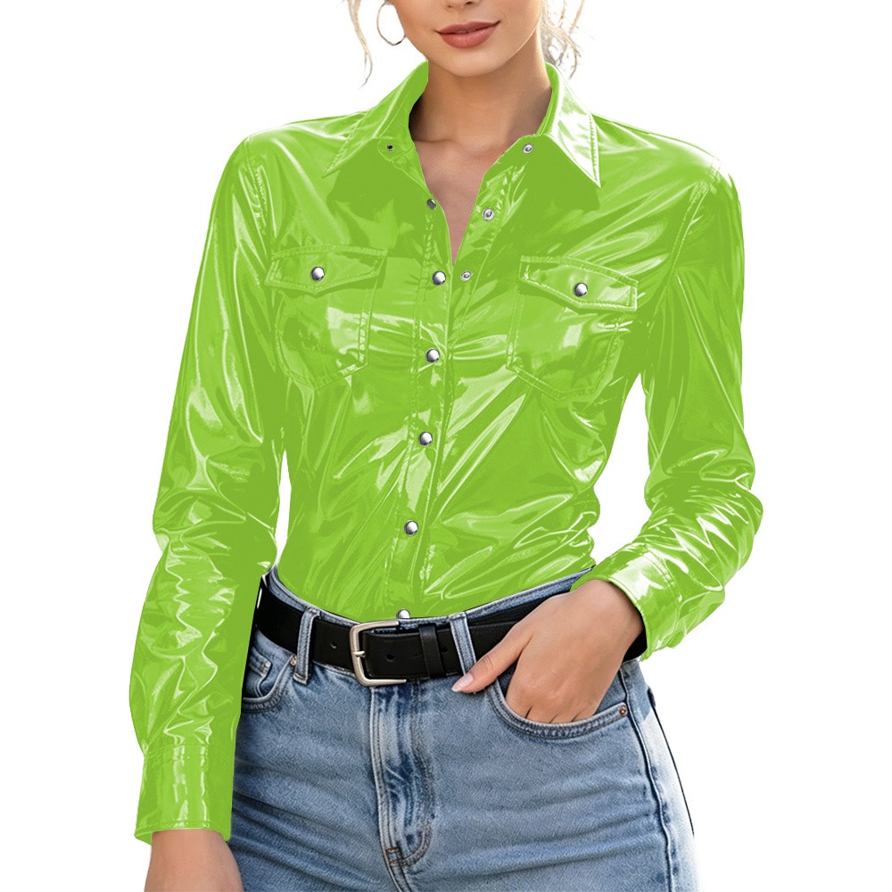 Chemisier Femme Grande Taille avec Poches, Effet Mouillé PVC, Manches Longues, Blouse Brillante en Similicuir PU, Hauts Boutonnés, Style Streetwear