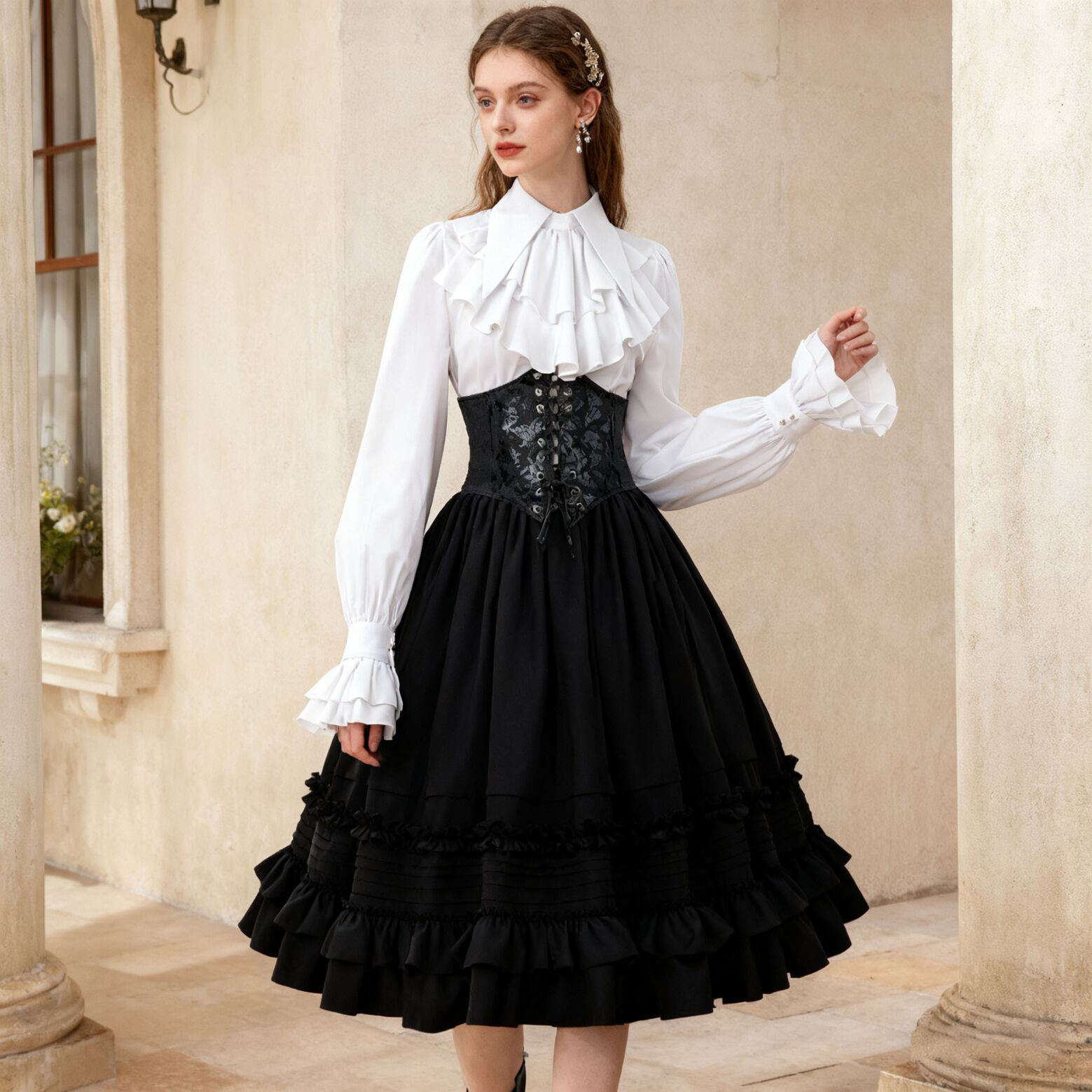 Jupe à superpositions steampunk médiévale pour femmes, jupe gothique Lolita, corset amincissant la taille, volants doux, chemise, robe victorienne d'Halloween