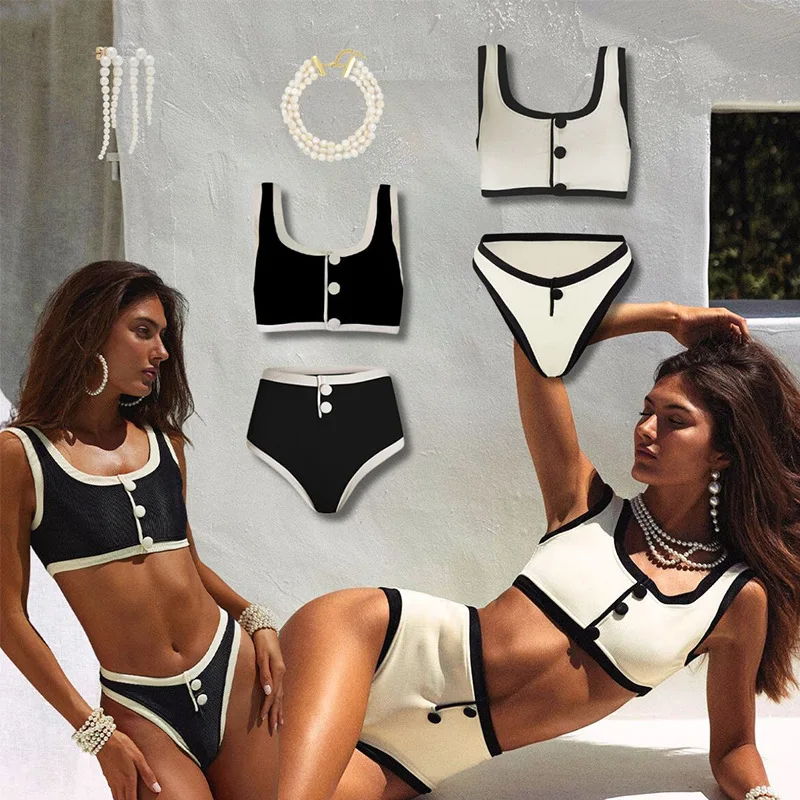 Ensemble bikini sexy noir et blanc, maillot de bain taille haute avec bloc de couleur, parfait pour les vacances et les fêtes à la piscine