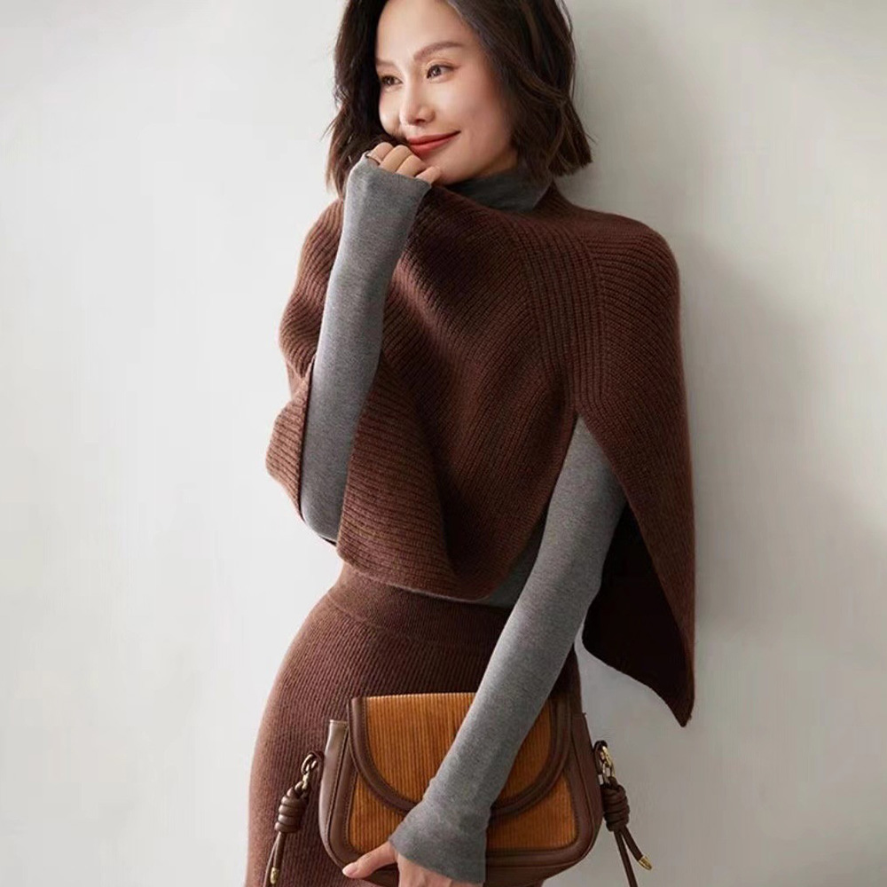 Châle tricoté Poncho pull écharpe simple côté fendu Cape automne hiver solide doux chaud épaule Cape femmes pulls amples