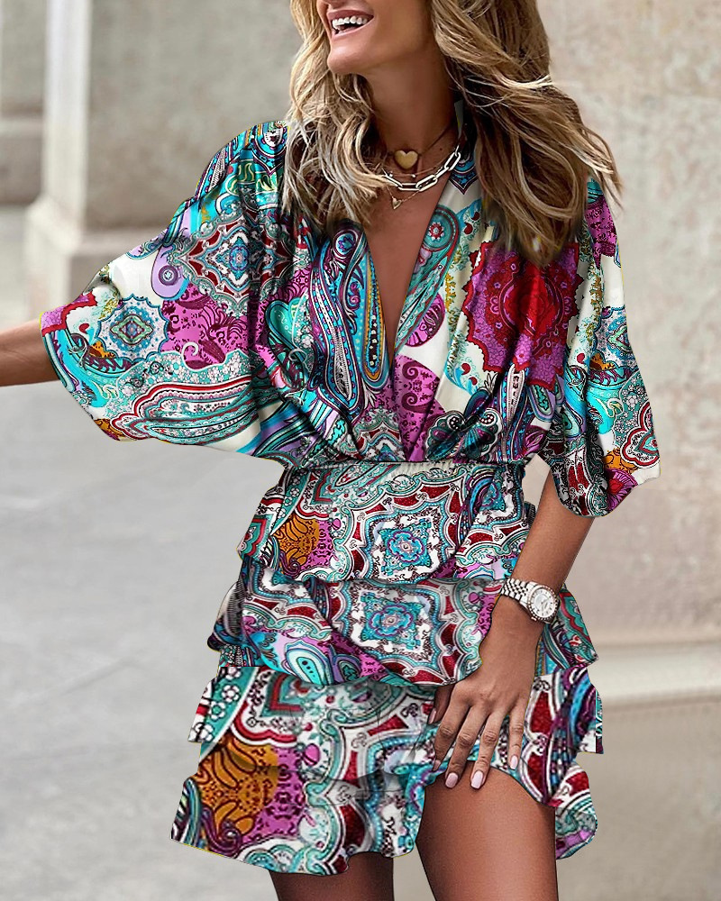 Robe de Sport pour femmes, col en v, manches chauve-souris amples, taille élastique, imprimée, Mini robes décontractées à ourlet à volants
