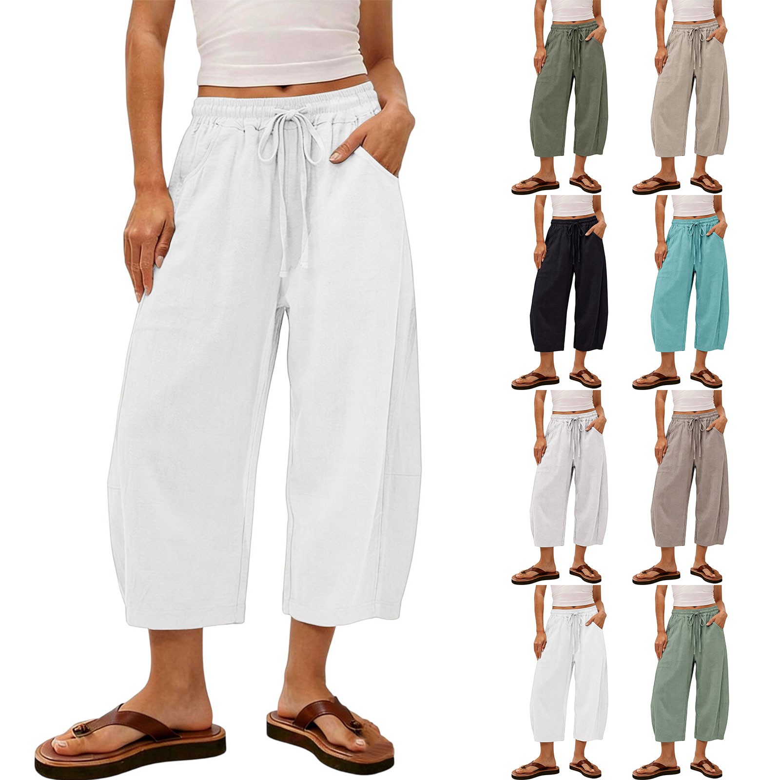 Pantalon Capri ample en coton et lin pour femme, coupe décontractée, taille haute, ourlet incurvé, style coréen, idéal pour le bureau, été
