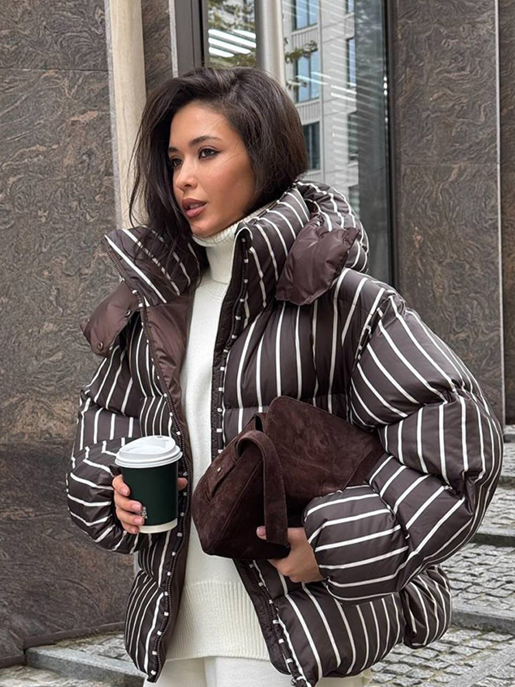 Veste en coton à capuche rayée pour femme, col montant, manches longues, fermeture éclair, poche, chaud, manteaux de rue quotidiens, hiver