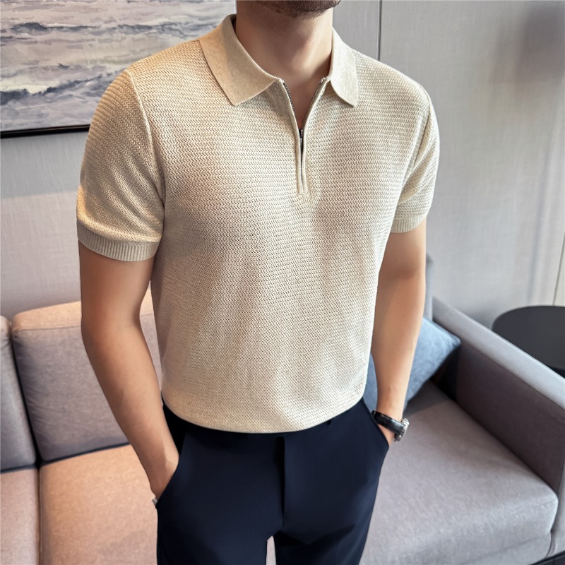 Polo d'été fin à manches courtes, demi-zip, couleur unie, coupe ample, décontracté, haut extensible et respirant, T-shirt tendance pour homme