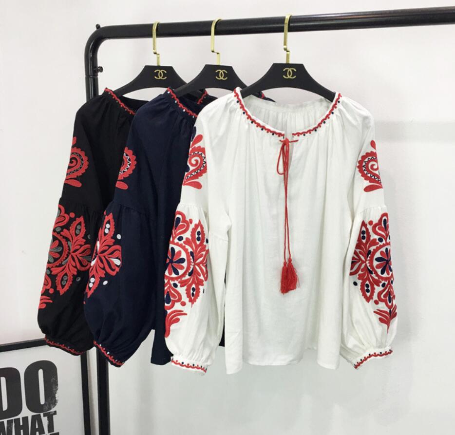 Robe brodée bohème pour femmes, Boho, fleur, col rond, manches longues lanterne, taille haute, coton, blanc, printemps