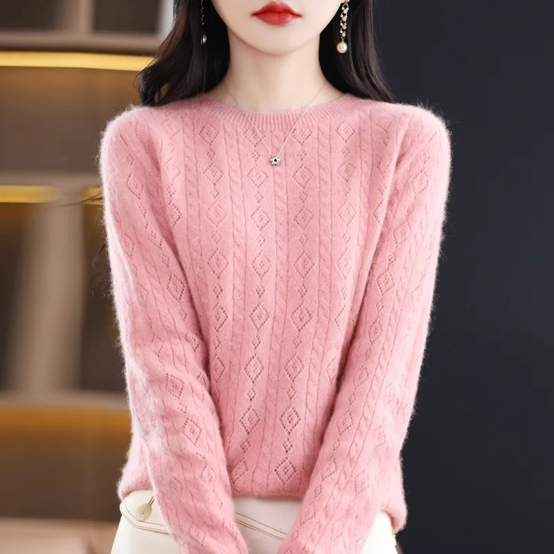 Pull en laine mérinos et cachemire pour femme, tricoté, col rond, manches longues, vêtements chauds, automne et hiver, 100%