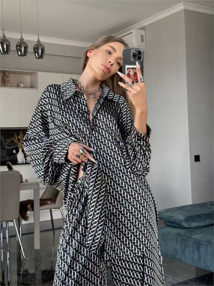 Femme printemps automne deux pièces ensemble femme mode imprimé col rabat manches longues chemise pantalon à jambes larges costume dames tenue décontractée