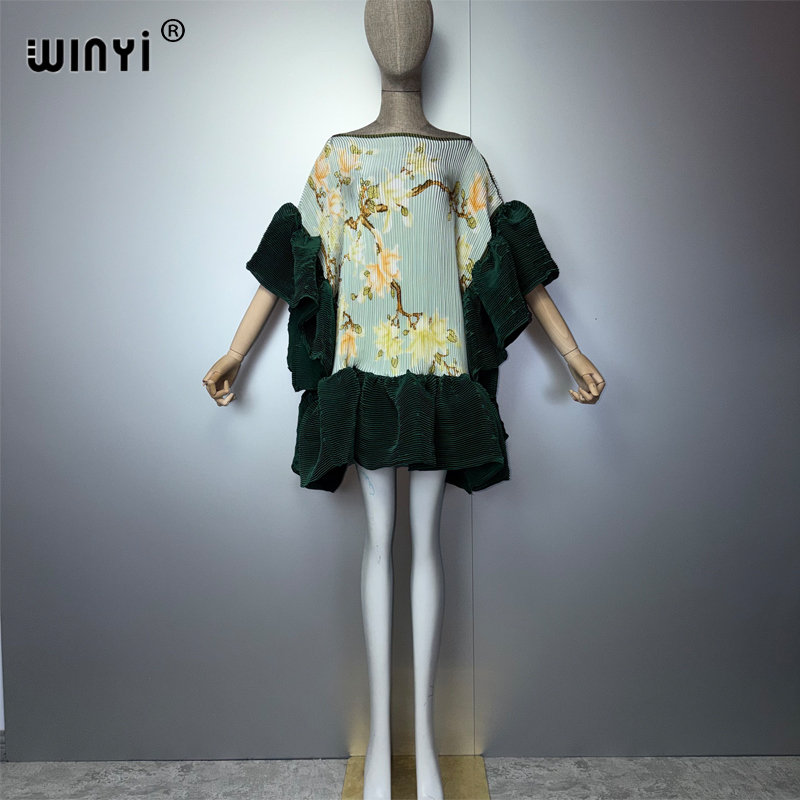 Robe Courte Plissée Élastique WINYI pour Femme – Élégante Robe de Plage, Kaftan, Abaya, Mode Musulmane, Tenue de Soirée de Luxe pour Dubaï
