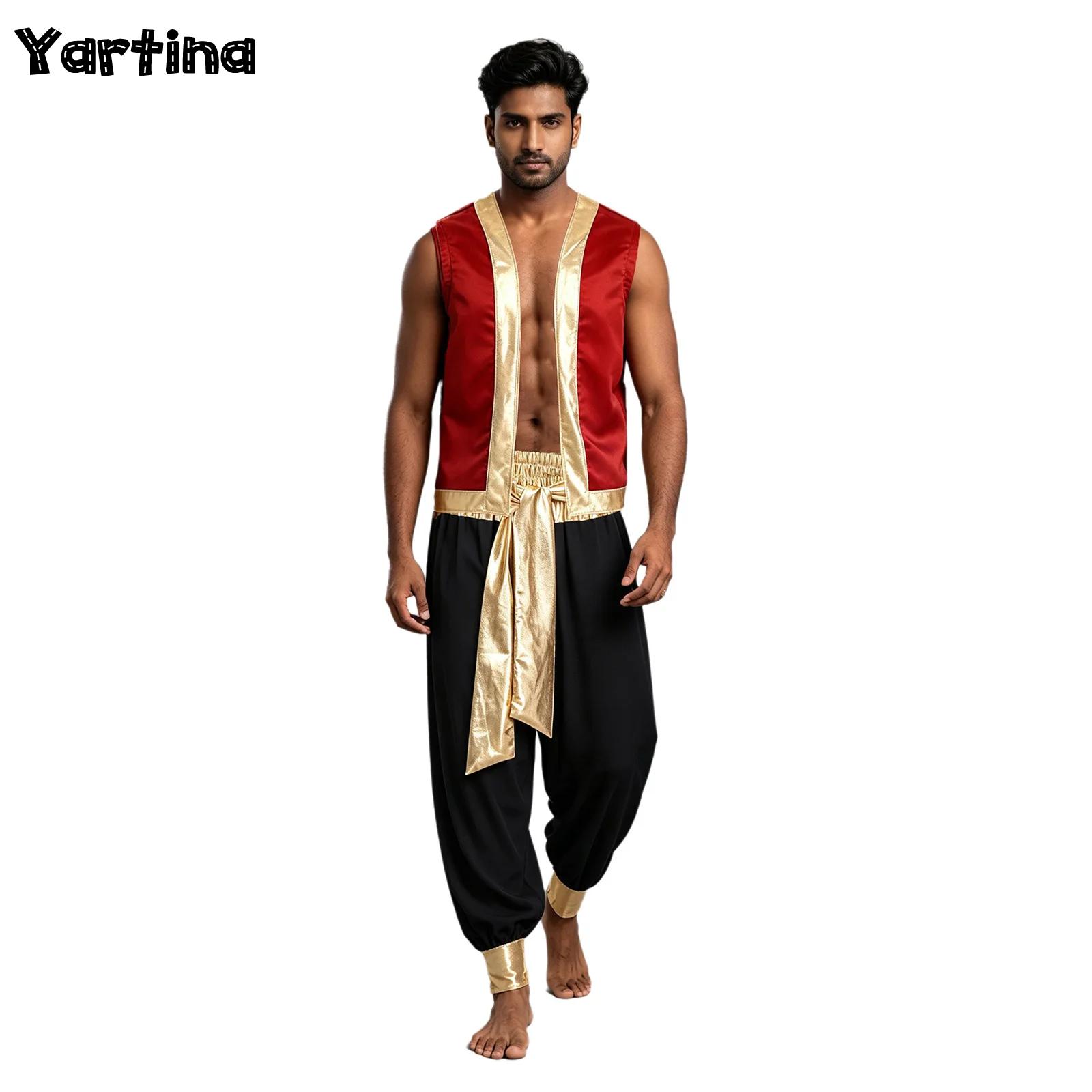 Costume de cosplay de prince arabe pour homme, tenue d'Halloween, veste ouverte sur le devant avec garniture métallique brillante et pantalon long à ceinture