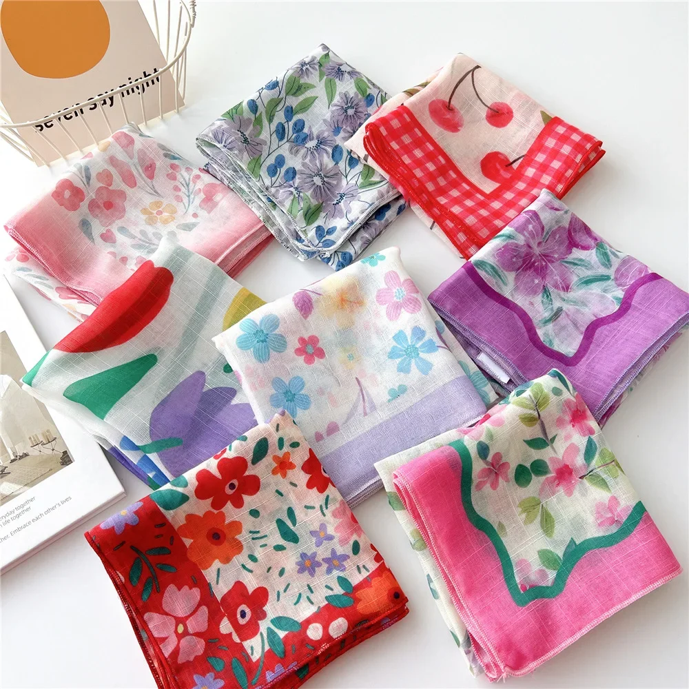 Foulard Bandana en coton pour femmes, petit Hijab imprimé Floral, mouchoir pour cheveux, bandeaux carrés de 55cm, foulards de cou