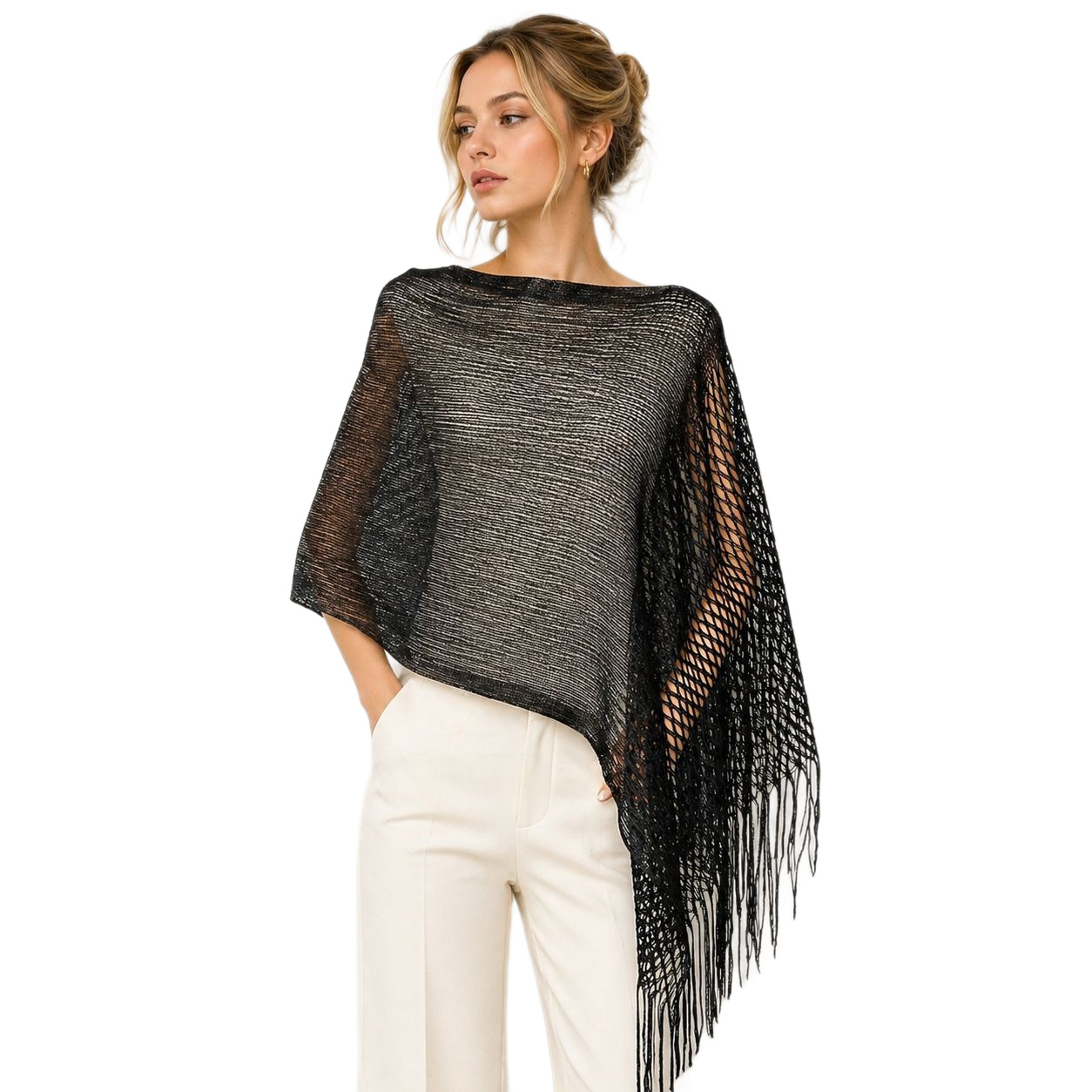 Châle-écharpe en maille ajourée à franges, fil doré et argenté, pour femme - Collection Printemps/Été - Idéal pour les soirées