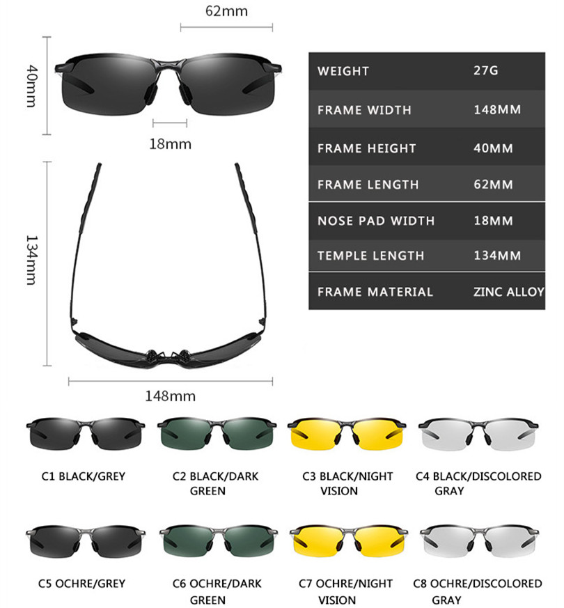 Lunettes de soleil photochromiques polarisées pour hommes, lunettes caméléon, lunettes de soleil pour hommes, changement de document, vision jour et nuit, lunettes de conduite, uv400