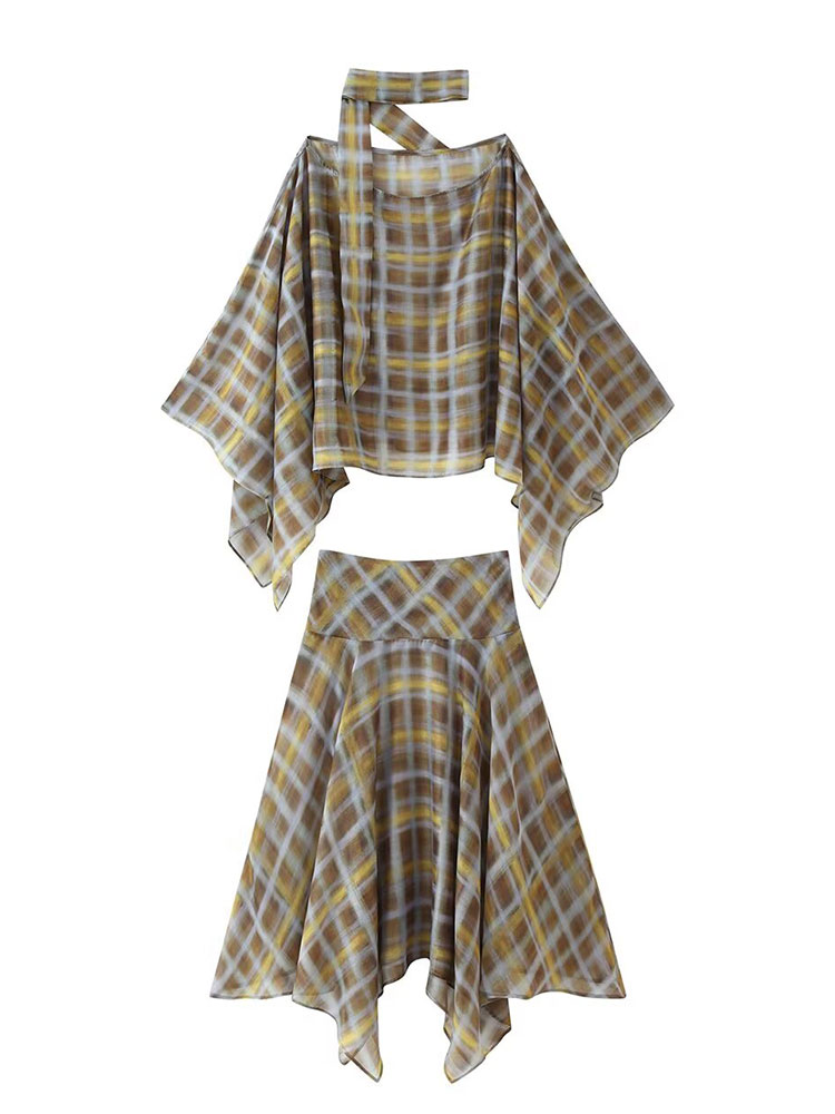 Ensembles de jupes mi-longues à carreaux printemps 2026 pour femmes, élégant haut à col écharpe à épaules dénudées, cape, hauts décontractés, jupe mi-longue, streetwear