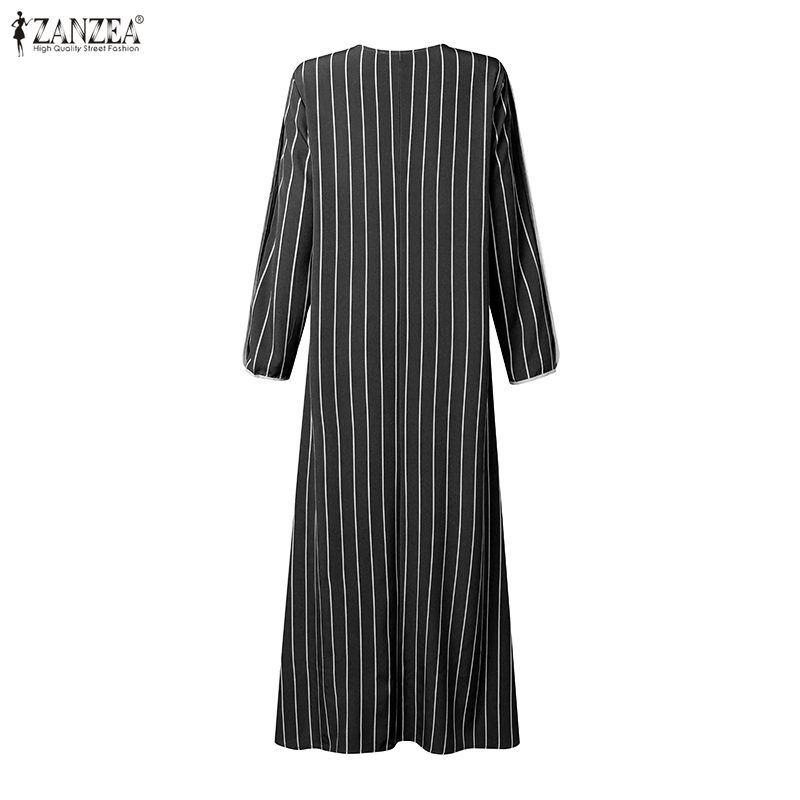 Robe longue rayée modeste musulmane pour femme, décontractée, ample, col rond, manches longues, avec bordure contrastante, Abaya, Kaftan islamique ZANZEA pour Hijabis