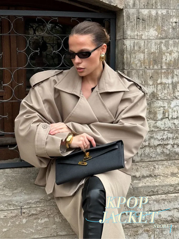 Élégant solide à lacets pardessus femmes Chic à manches longues revers col bouton manteau ample automne femme rue nouveau surdimensionné vêtements d'extérieur