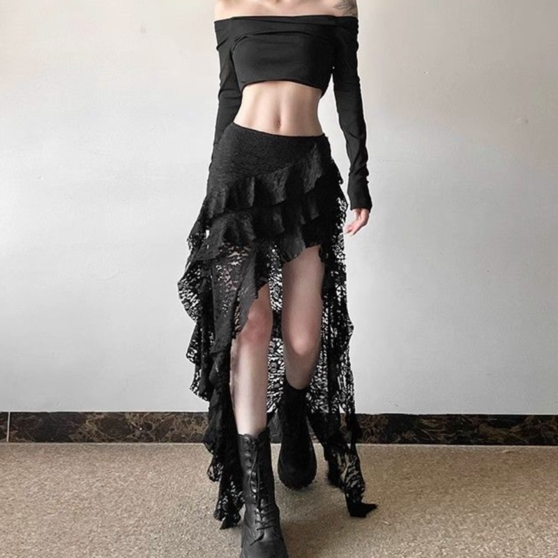 Jupe gothique années 2000, vêtements d'été pour femmes, Gyaru Kpop Streetwear, dentelle, taille haute, décontractée, esthétique, longue jupe, jupe femme, hip hop