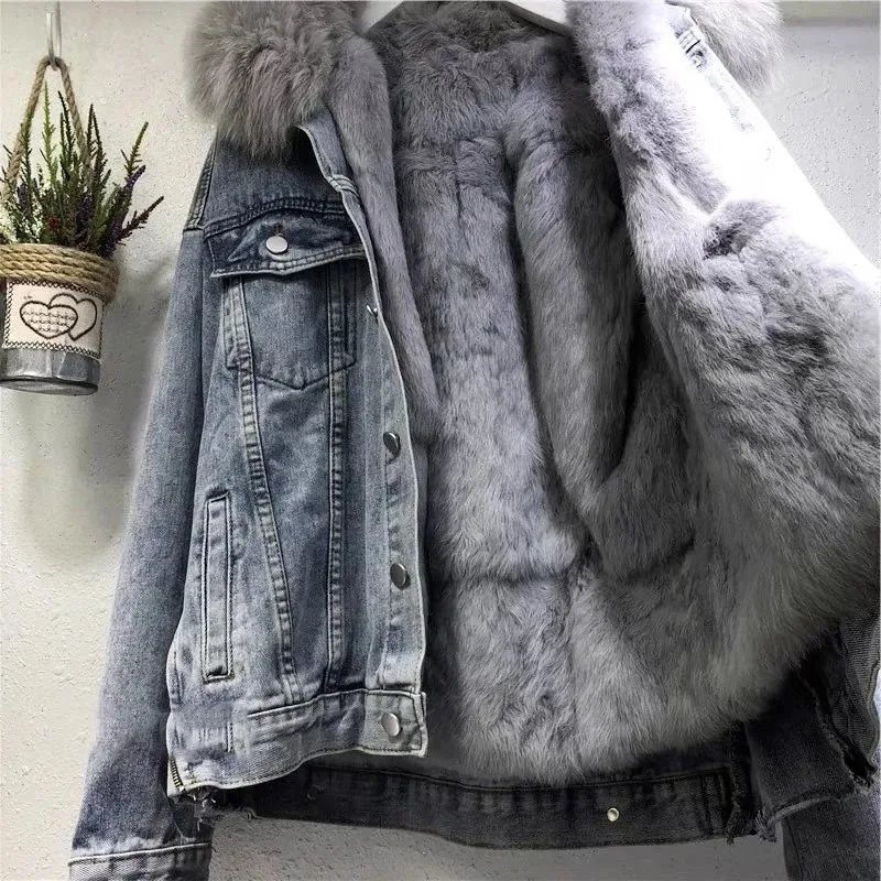 Manteau d'hiver chaud pour femme, style veste en jean, avec grand col en fourrure, doudoune épaisse en polaire, veste de moto basique pour le froid