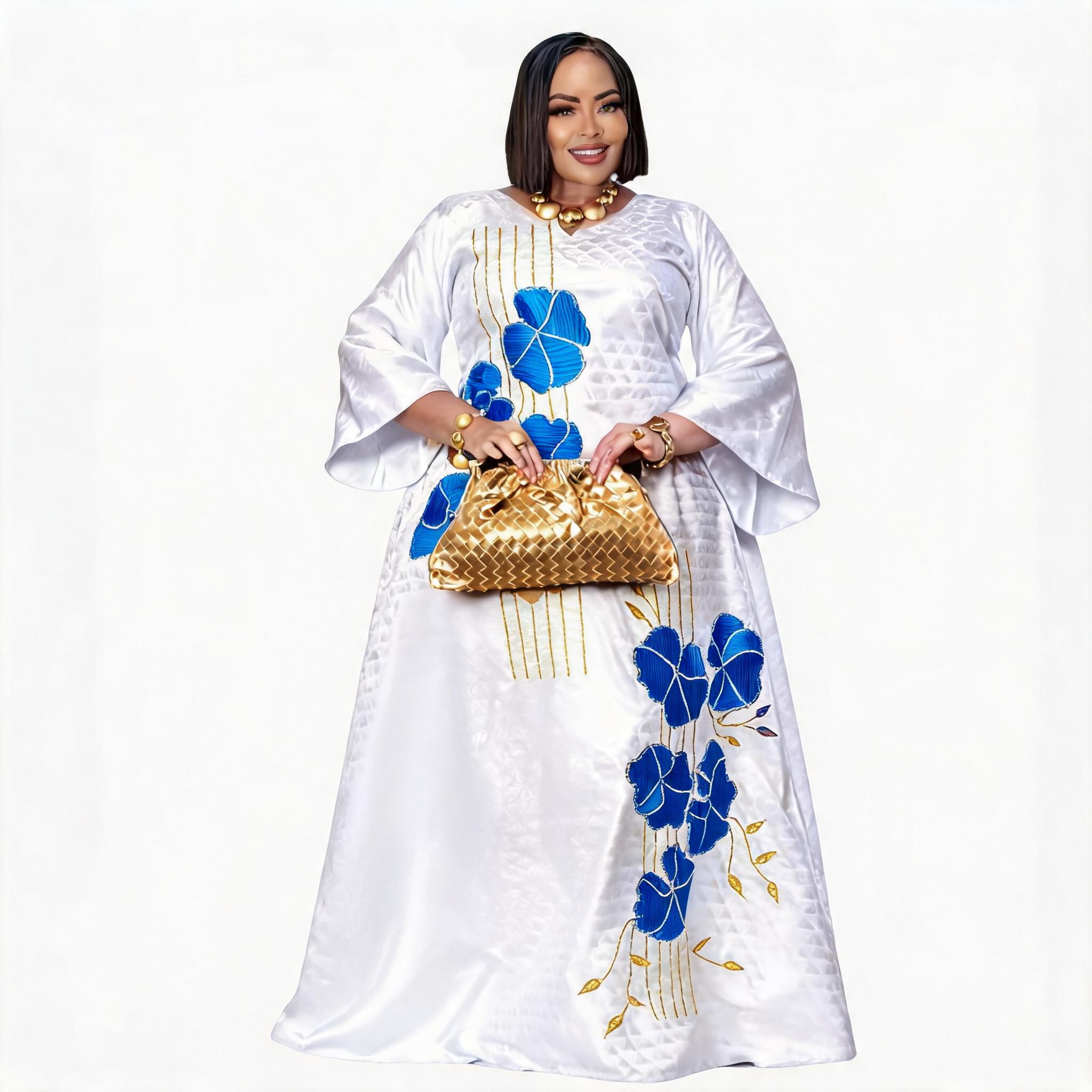 Robe Boubou Africaine Brodé pour Femme, Manches Chauve-Souris, Robe Longue en Satin pour Fête et Église, Col en Dentelle