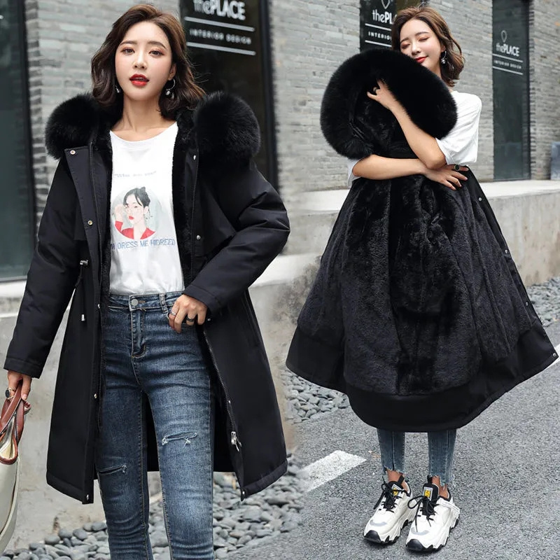 Veste d'hiver 2026, nouvelle parka pour femme, manteau long, doublure en laine, veste à capuche, col en fourrure, épaisse, chaude, vêtements de neige, parka rembourrée 6XL