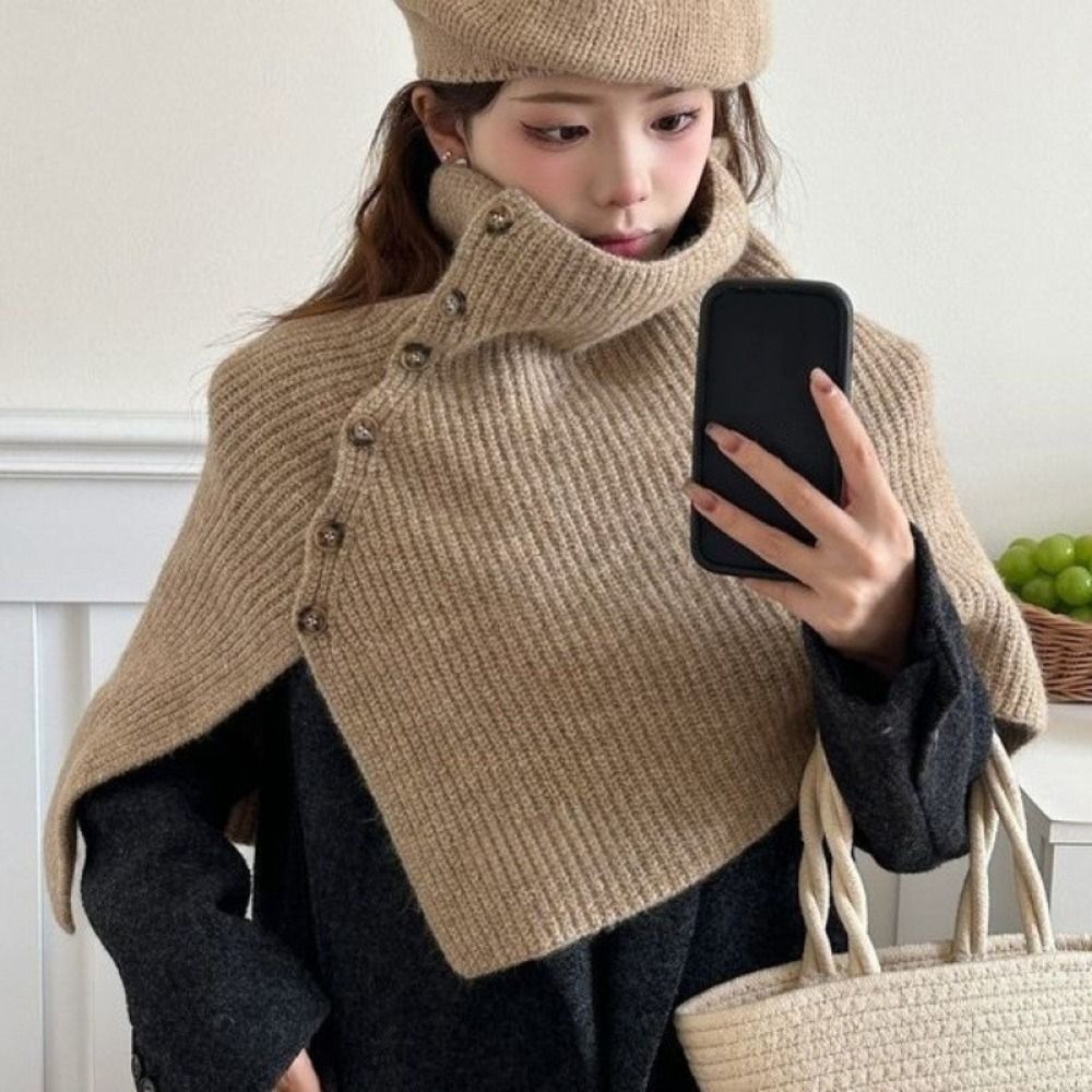 Châle tricoté à boutons simples, écharpe chaude et irrégulière à col haut, cape épaisse pour femme et fille, hiver