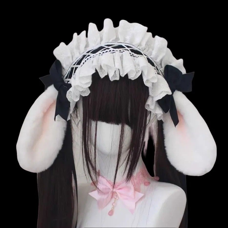 Serre-tête gothique avec oreilles de lapin et nœud, style Harajuku Gothic Lolita Y2K, pour fille, avec dentelle et volants, style punk