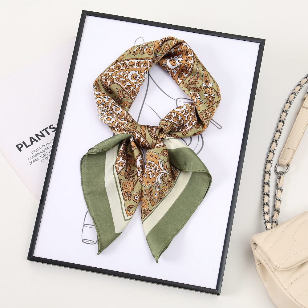 Foulard carré en soie pour femme, imprimé floral de luxe, en satin doux, utilisable comme bandeau, ruban pour sac à main, hijab, foulard de cou et bandeau pour la tête