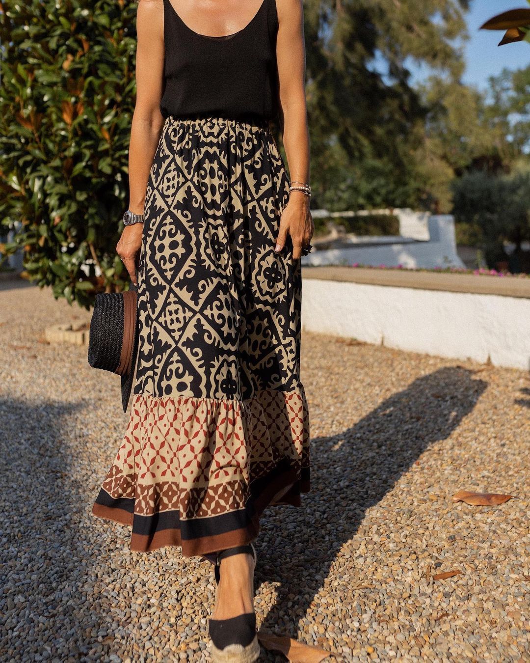 Jupe évasée imprimée à taille élastique pour femme, jupe midi bohème à empiècements, idéale pour la plage et le quotidien