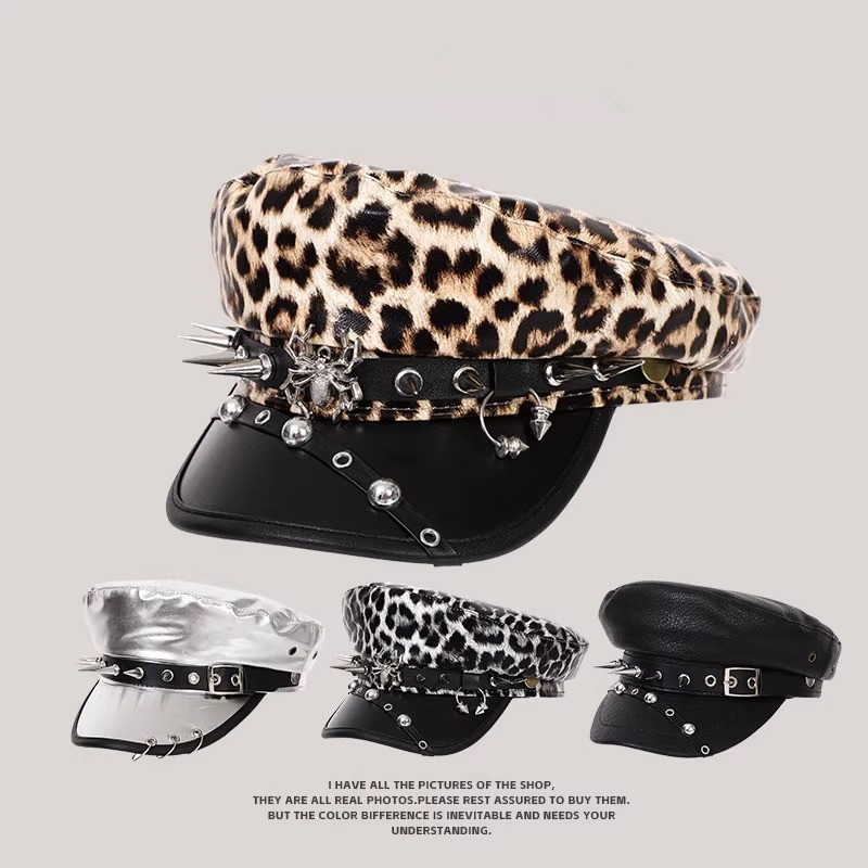 Casquette de gavroche punk pour femme en cuir PU, motif léopard, style gothique, Y2K, avec rivets et chaînes, style militaire, streetwear Harajuku