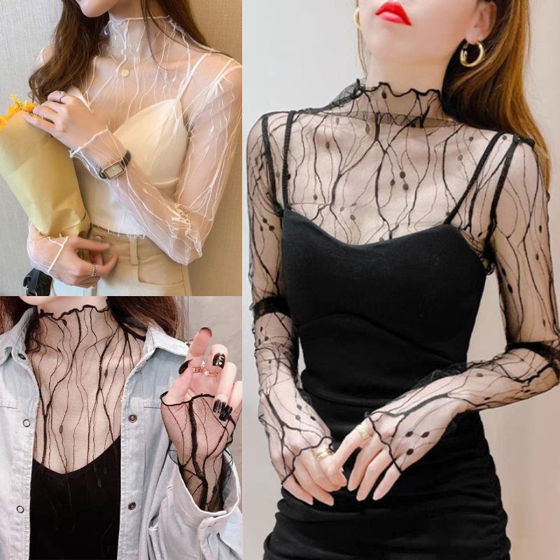 T-shirt femme tenues d'été pull à manches longues voir à travers les hauts mode dame hauts sexy maille mince en mousseline de soie t-shirts nouveau haut noir