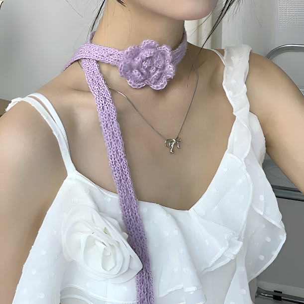 Écharpe fine en rose rouge pour femmes, style printemps-automne, tricotée à la main, crochetée, bande étroite, tendance, polyvalente