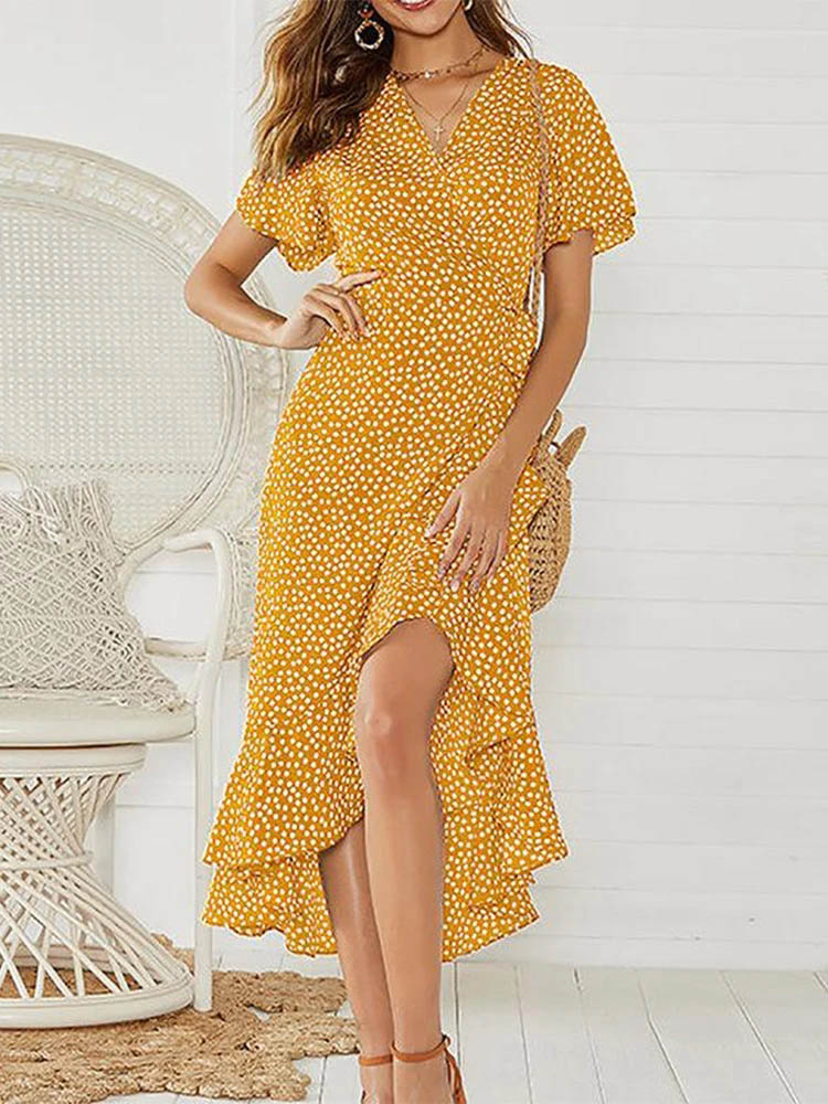Robe longue en mousseline de soie pour femmes, imprimé floral, style boho, volants ronds, décontracté, col en v, fendue, sexy, robe de soirée, été