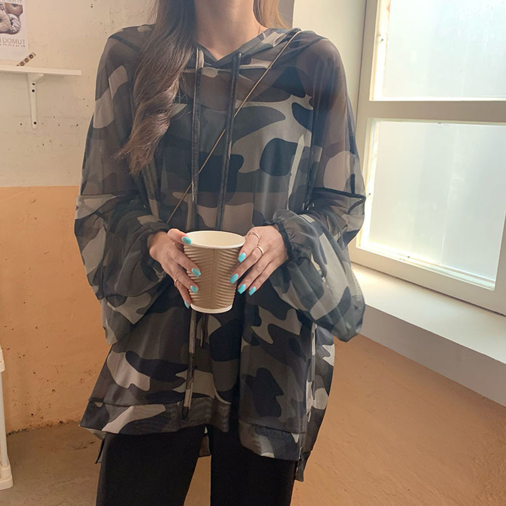 T-shirt à manches longues pour femme, haut en maille Camouflage, léger, surdimensionné, à capuche, Version coréenne, été