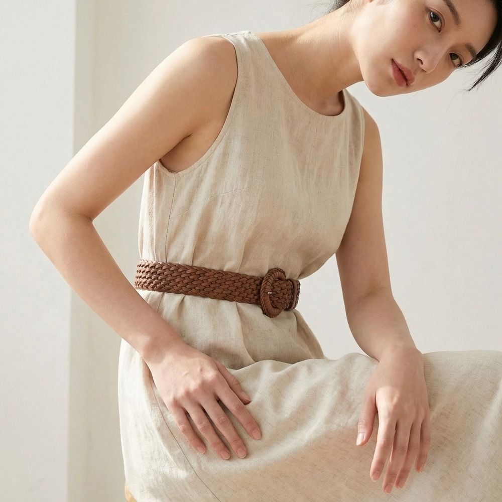 Ceinture décontractée tressée, large, en cuir PU, style bohème, avec découpes rondes, pour femme