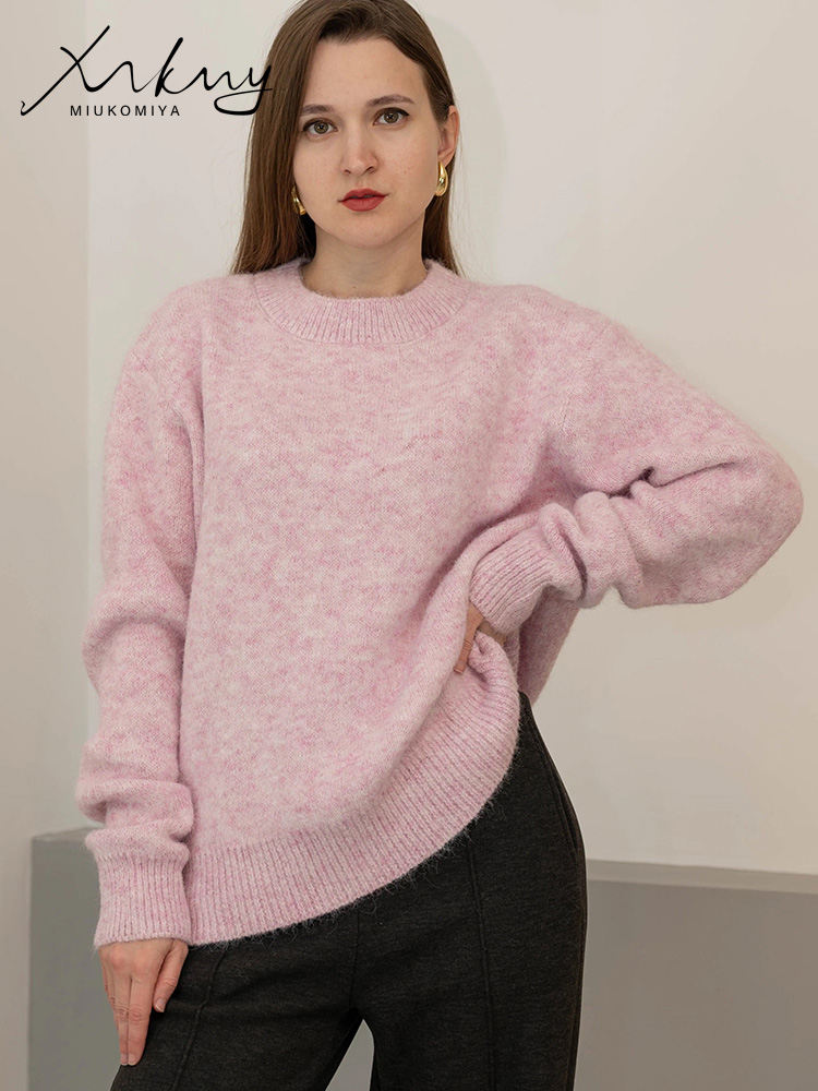 Pull d'hiver pour femmes, chandails chauds à col rond, tricots amples, pulls basiques marron pour femmes, rose d'hiver