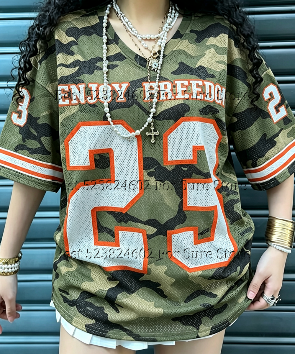 T-shirt à manches courtes pour femme en jersey maille graphique camouflage Realtree vintage 23, style uniforme de baseball décontracté ample hip-hop streetwear